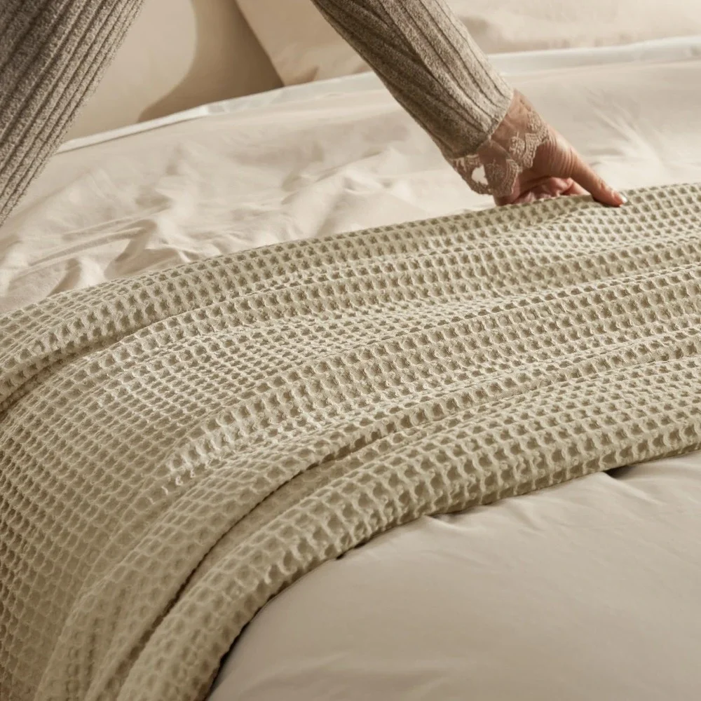 PHF Waffle Weave Blanket Queen 90x90 Khaki Ultra Soft Breathable Cotton Bedding